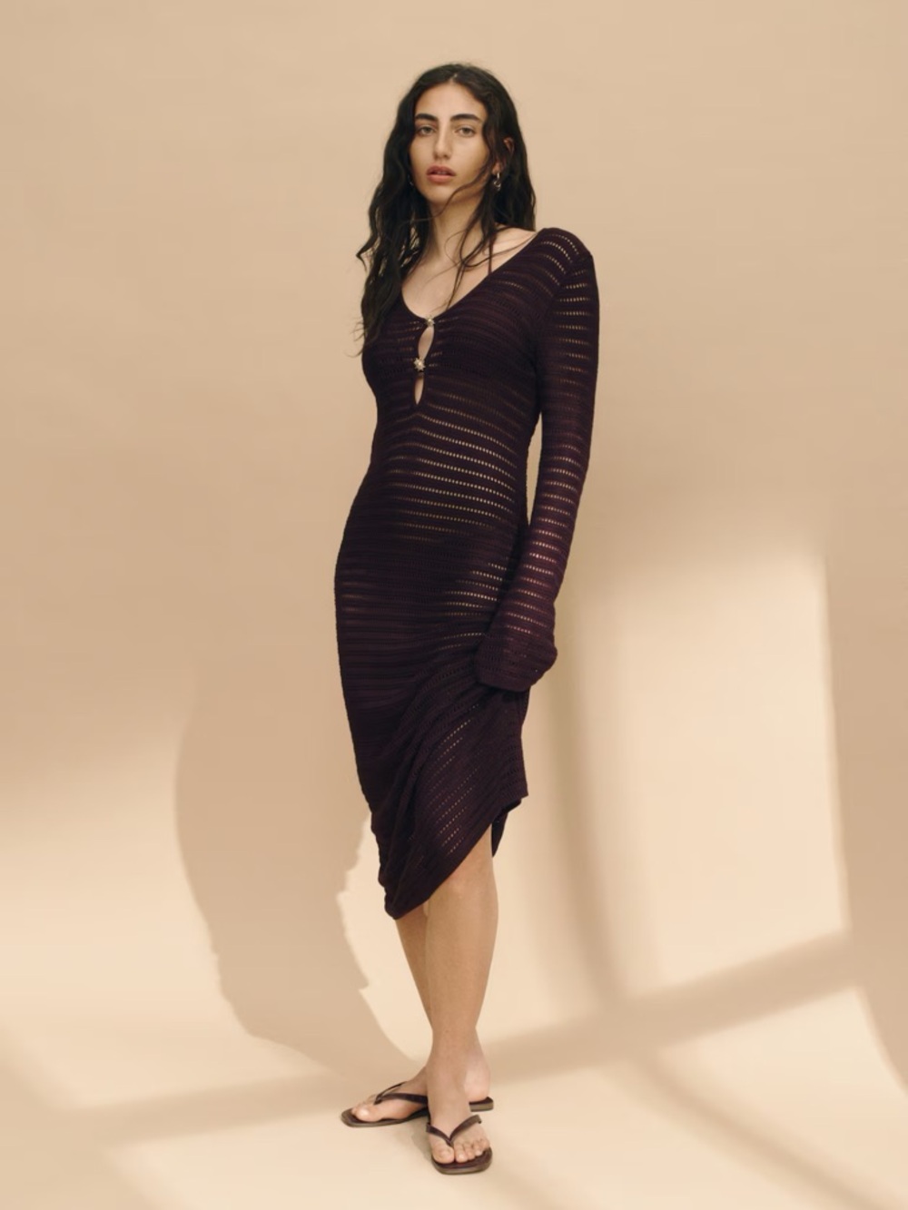 H&M Deep Plum Ring-Front Long Sleeve Midi Dress